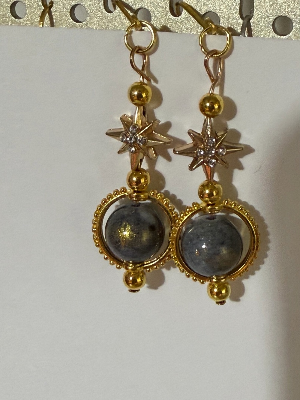 Gold-Tone Star Drop Earrings with Gray Bead Accents